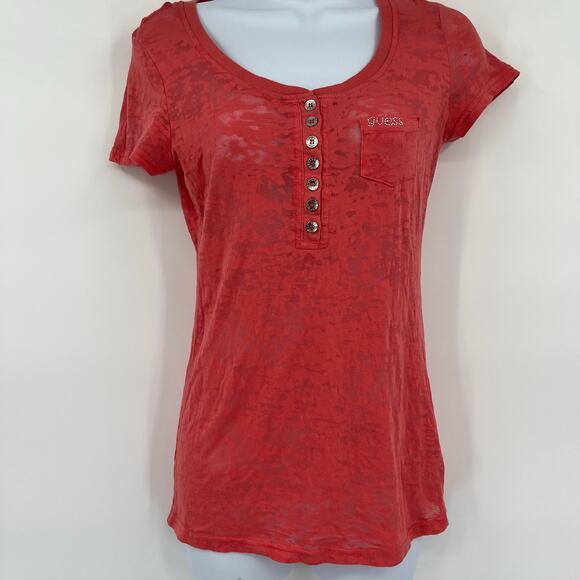 Guess Y2K Burnout Henley Womens Top Sz S Coral Sheer Coquette Grunge Bling Logo - Picture 12 of 12